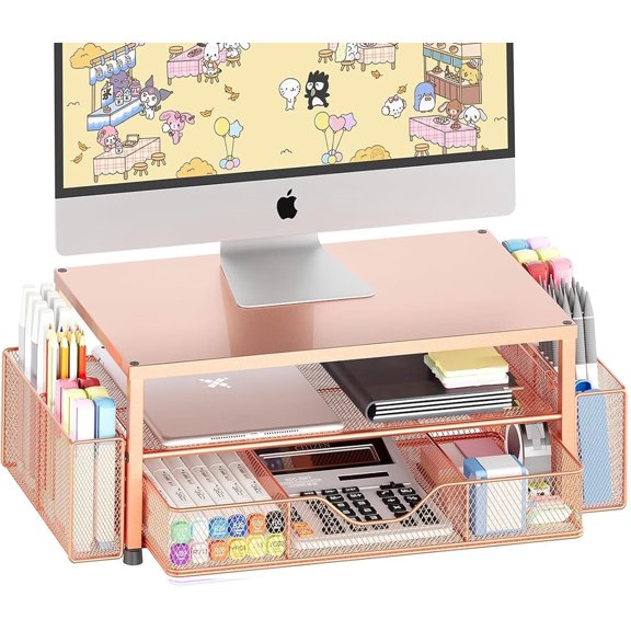 A house of tools Desk Organizers and Accessories, 2-Tier Computer Monitor Stand with Drawer and 2 Pen Holders, Office Desk Accessories for Office Supplies, Rose Gold