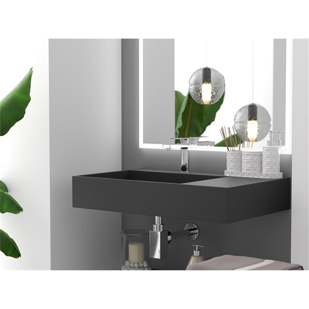 Pemberly Row Modern 30" Stone Left Basin Bathroom Sink in Black