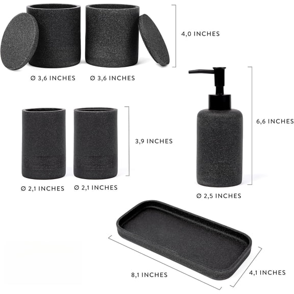 6-Piece Black Stone Bathroom Accessory Set - Toothbrush Holder, Lotion Dispenser, Qtip Container & Vanity Tray