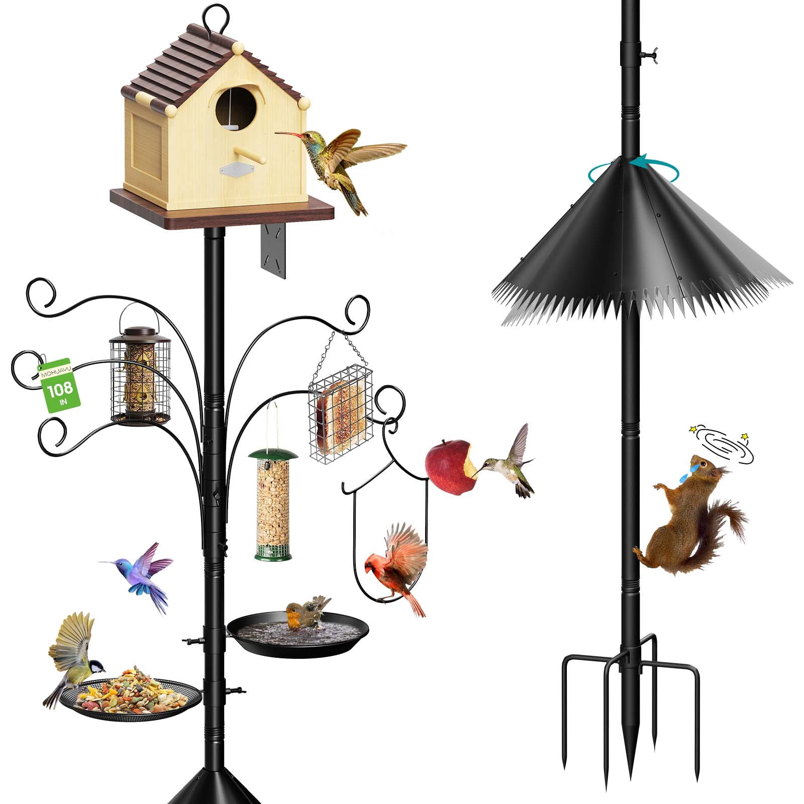 Bird Feeder Pole Squirrel Proof, 108 Inch Heavy Duty Bird House Pole, Adjustable Bird Feeder Stand with 5 Shepherds Hooks, 2 Mental Trays, Hummingbird Swing