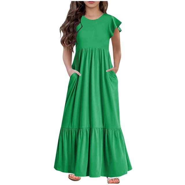 Jgppe Girls Maxi Dress Summer Loose Basic Short Sleeve Ruffle Hem Stretchy Casual Long Dresses with Pockets 6-13Years