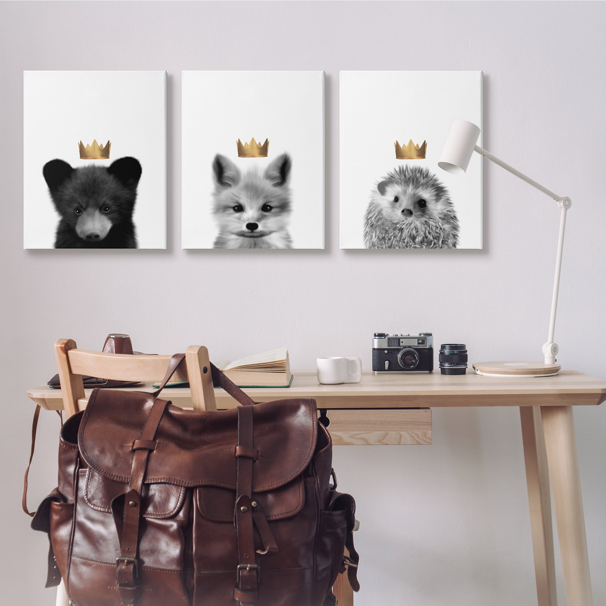 Stupell Indtries Woodland Animals Bold Crowns Black Bear Fox Hedgehog,24 x 30,Design by Leah Straatsma