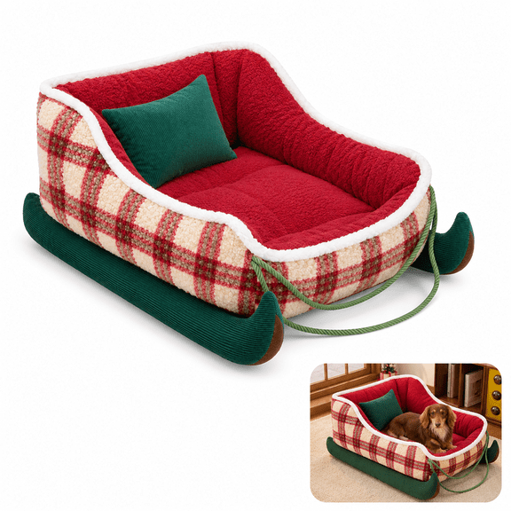 XAOUS Christmas Sleigh-Style Pet Bed — Cozy plush pet mat, deep-sleep nest design, festive red color, suitable for indoor and outdoor use.