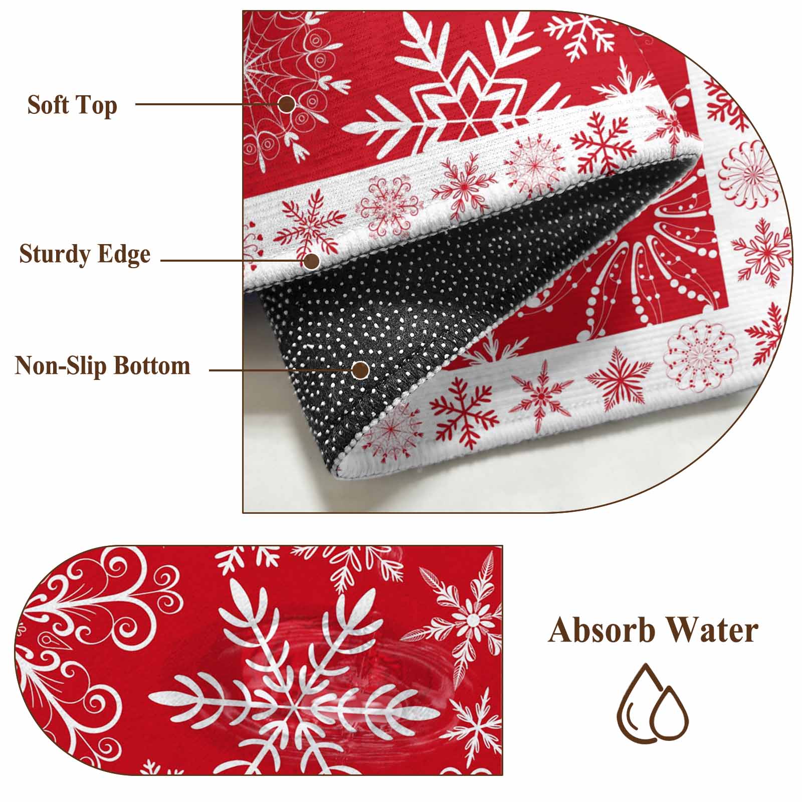 Christmas Snowflakes Bathroom Rug Washable 2x3 Entryway Rug Non Slip Red Xmas Winter Vintage Front Door Mat Low Pile Indoor Doormat Throw Floor Carpet for Kitchen Bedroom Entrance