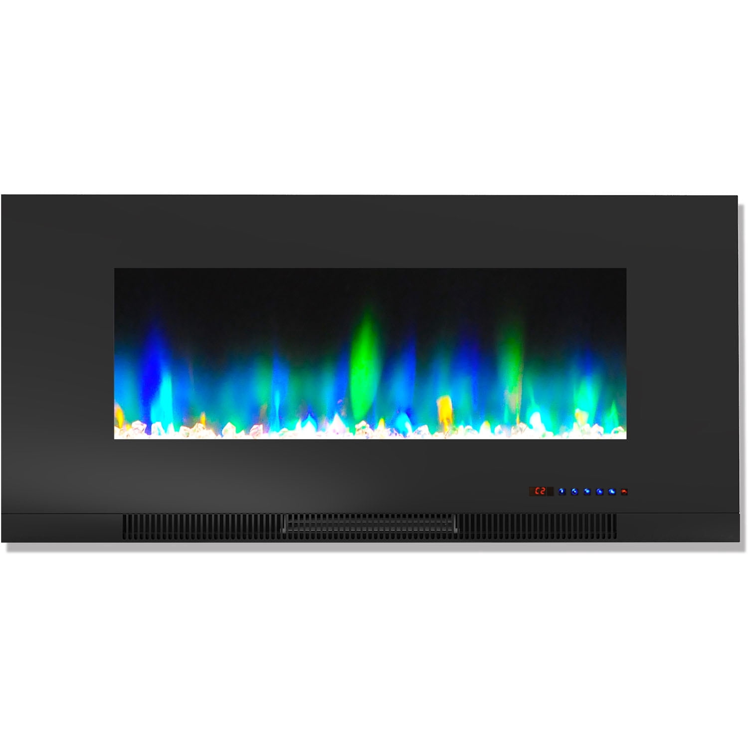 Hanover 42 In. Wall-Mount Electric Fireplace in Black with Multi-Color Flames and Crystal Rock Display