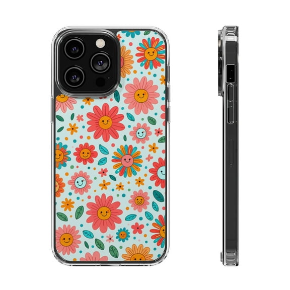 DistinctInk Hybrid (Acrylic / TPU) Clear Slim Fit Case for Apple iPhone 12 Pro (6.1" Screen) - Title: "Smile Blossom: A Whimsical Floral Delight"