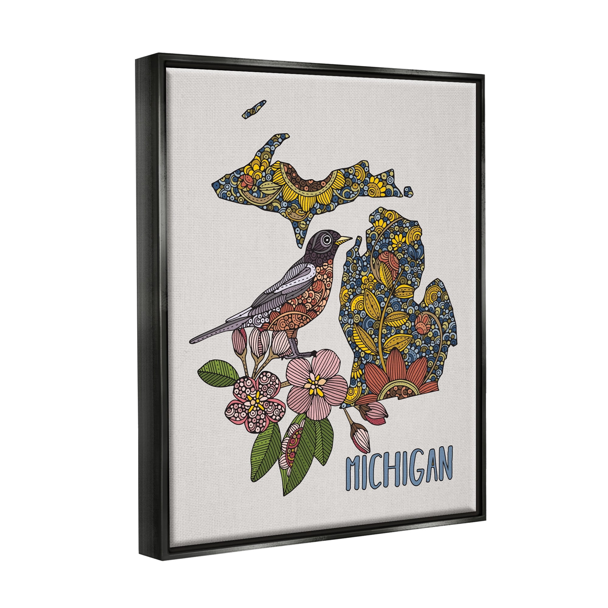 Stupell Industries Detailed Michigan State Robin Bird & Flower Patterns Graphic Art Jet Black Floating Framed Canvas Print Wall Art, Design by Valentina Harper