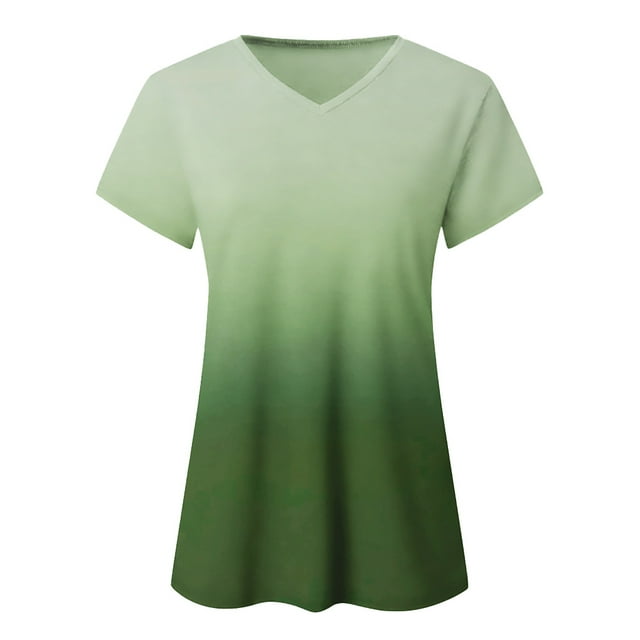 Camiseta degradada para mujer Qarigey ropa de calle multicolor con cuello en V manga corta fibra de verano L Verde claro AP011467-27