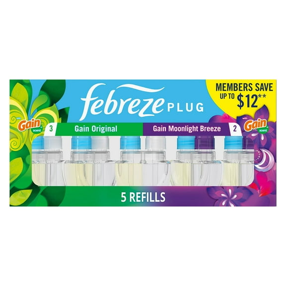Febreze Plug Air Freshener, Gain Original + Gain Moonlight Breeze, 5 refills, 4.35 fl. oz.