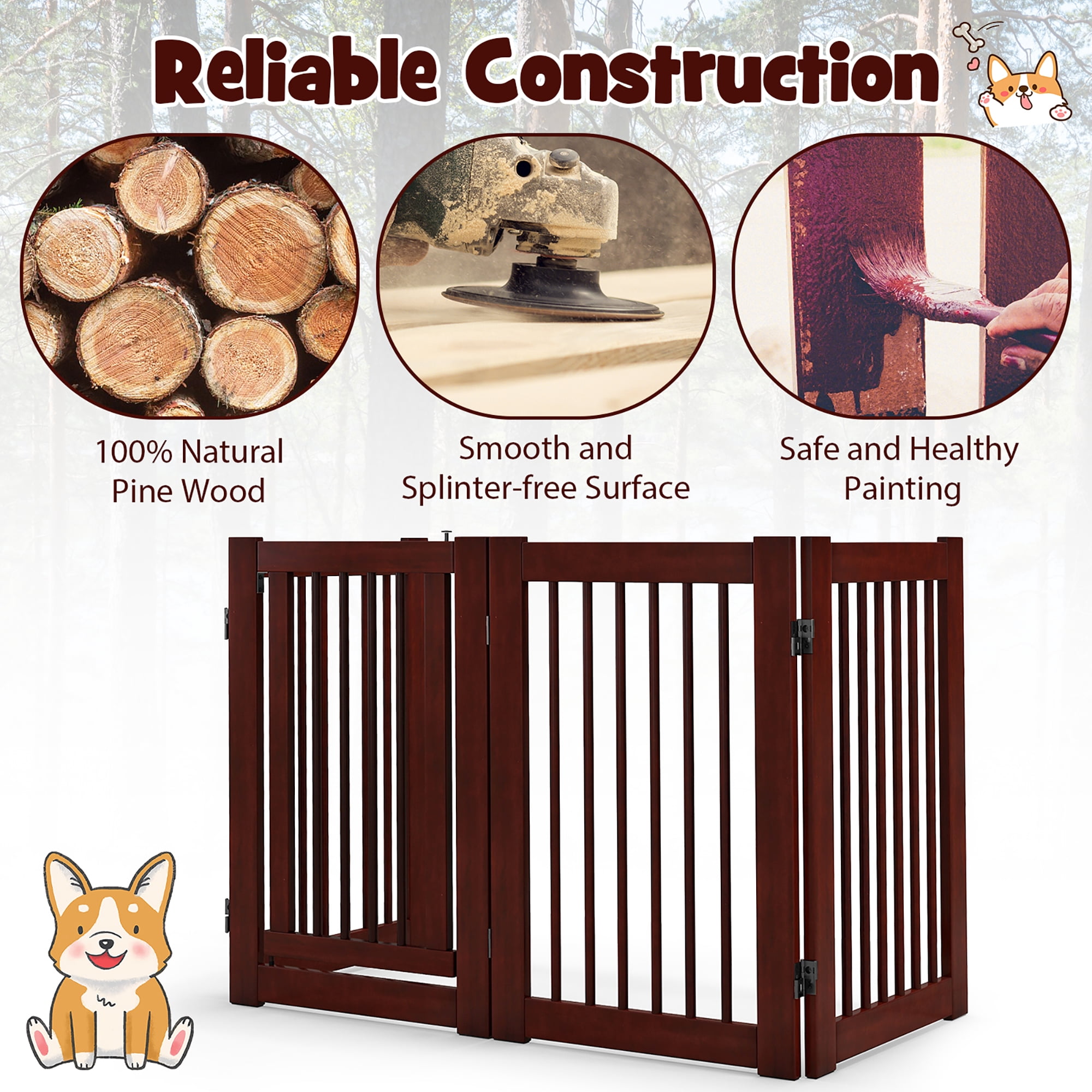 Gymax Freestanding Pet Gate 30'' Tall 4-Panel Wooden Dog Fence Solid Wood Foldable