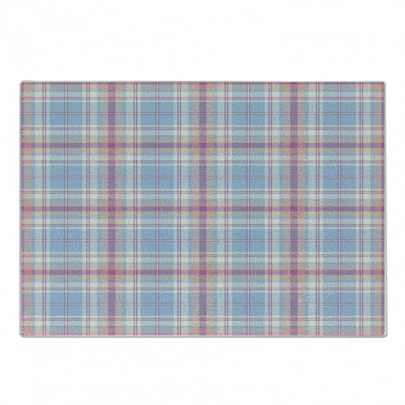 Pastel Cutting Board, Old Fashioned Retro Style Classical Geometric Striped Plaid Inspired, Decorative Tempered Glass Cutting and Serving Board, Small Size, Fuchsia Salmon Pale Blue, by Ambesonne