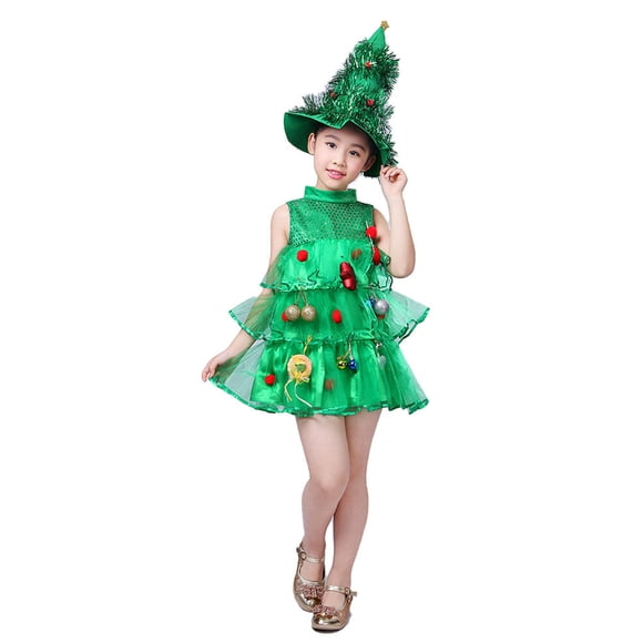 1 pieza de sombrero y vestido de árbol de Navidad, disfraz de espectáculo de escenario para niños, disfraz de actuación navideña para niñas (tamaño 130 cm verde)