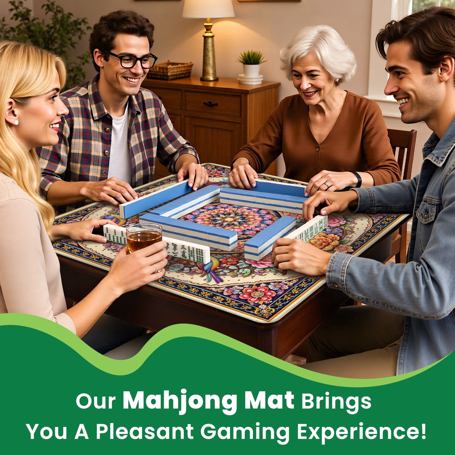 Mahjong Mat 31.5" x 31.5" Colorful Floral Bird Mandala Vibrant Design Elements Non-Slip Noise Reduction Mahjong Tiles Table Cover for Dominoes Poker Card Board and Tile Games