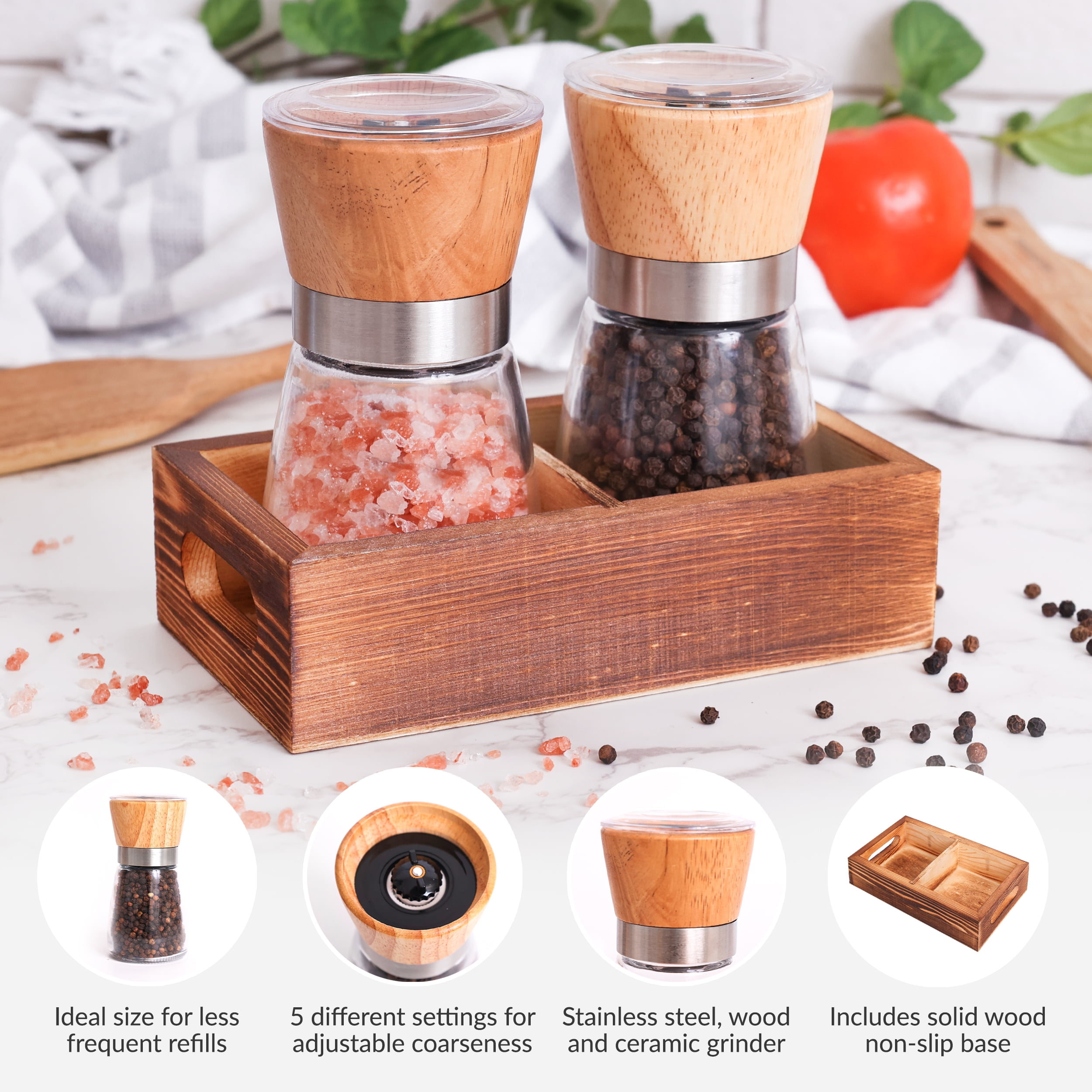 CB Accessories Salt and Pepper Grinder Set with Wood Tray, Manual Sea Salt, Peppercorn & Spice Mill, Clear/Beige