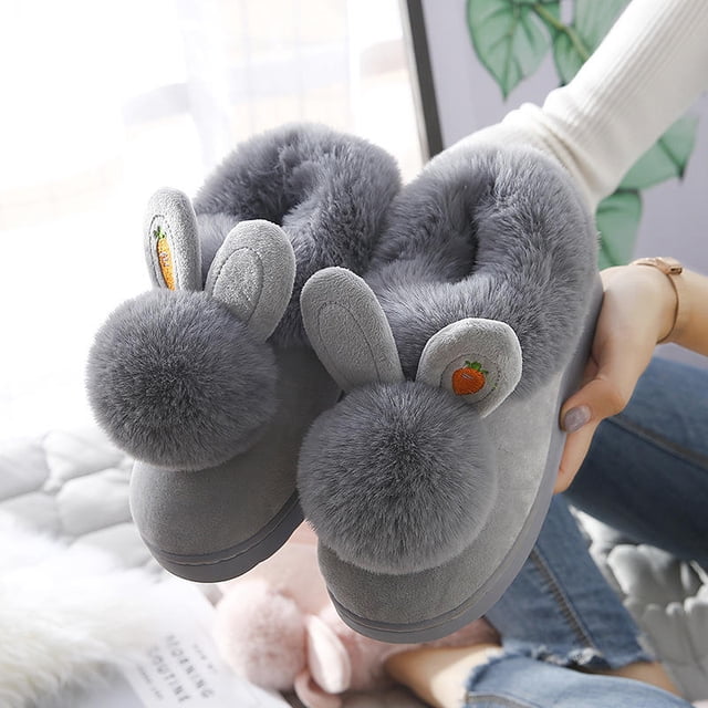 Pantuflas de algodón, bolso de invierno para mujer con lindas orejas de conejo de peluche, zapatos de algodón para padres e hijos, suela gruesa cálida, zapato de mes interior para el hogar Sincero Hogar