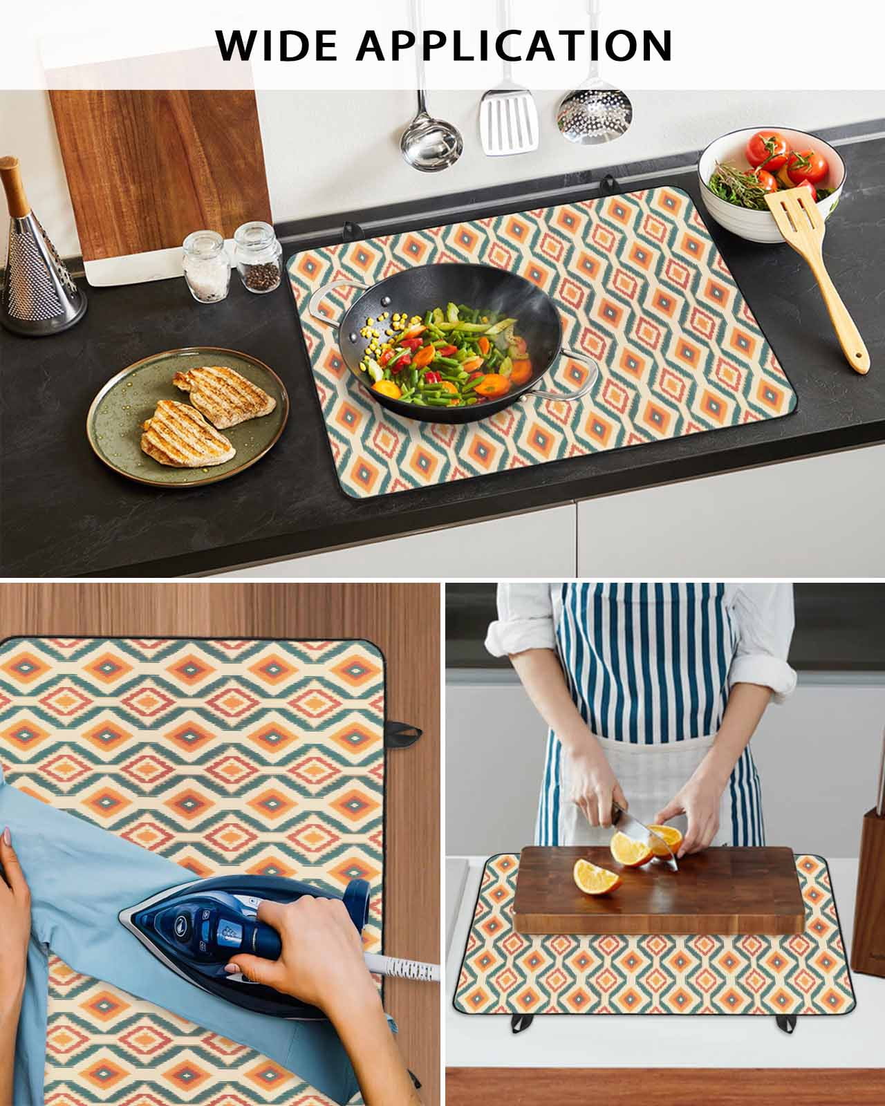 nqOlkjepod Large Induction Cooktop Protector Mat 36"x21", Orange Teal Geometric Stove Top Covers for Electric Stove, Southwest Ethnic Country Stove Burner Cover Mats, Glass Top Stove Cover