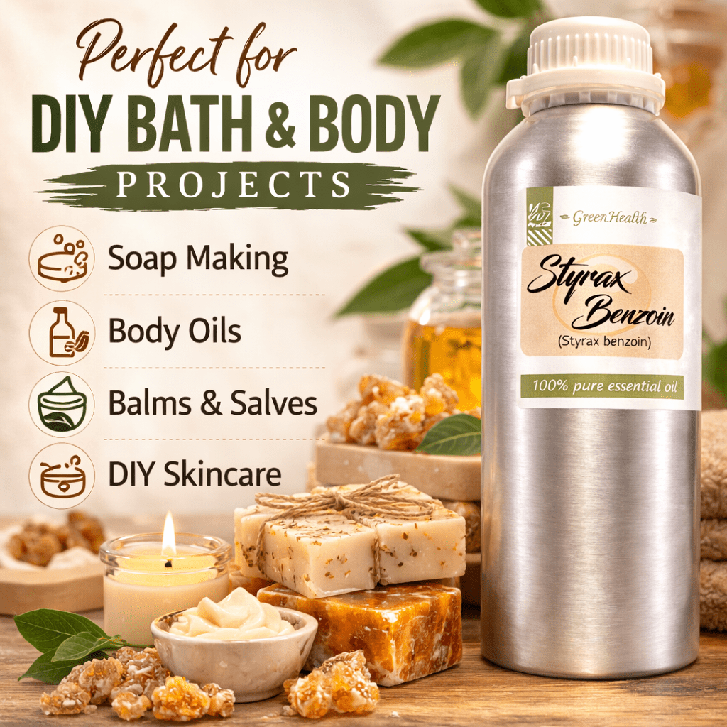 GreenHealth Styrax Benzoin Essential Oil – 32 fl oz | 100% Pure & Natural | Aluminum Bottle with Locking Cap | for DIY Perfume Blends, Candles, Soap Making & Wax Melts