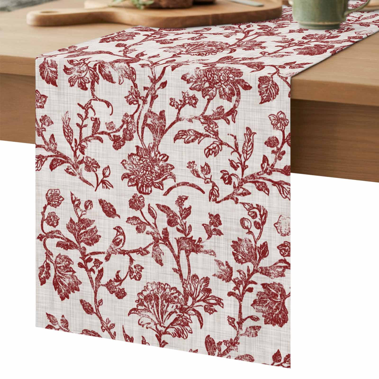 Farmhouse Red Table Runner 70 Inches Long,Vintage Flower Leaf Botanical Plant Cotton Linen Table Runners Dresser Scarves,Decorative Fabric Tabletop Scarf Furniture Cover for Home Dinner Party 13"x70"