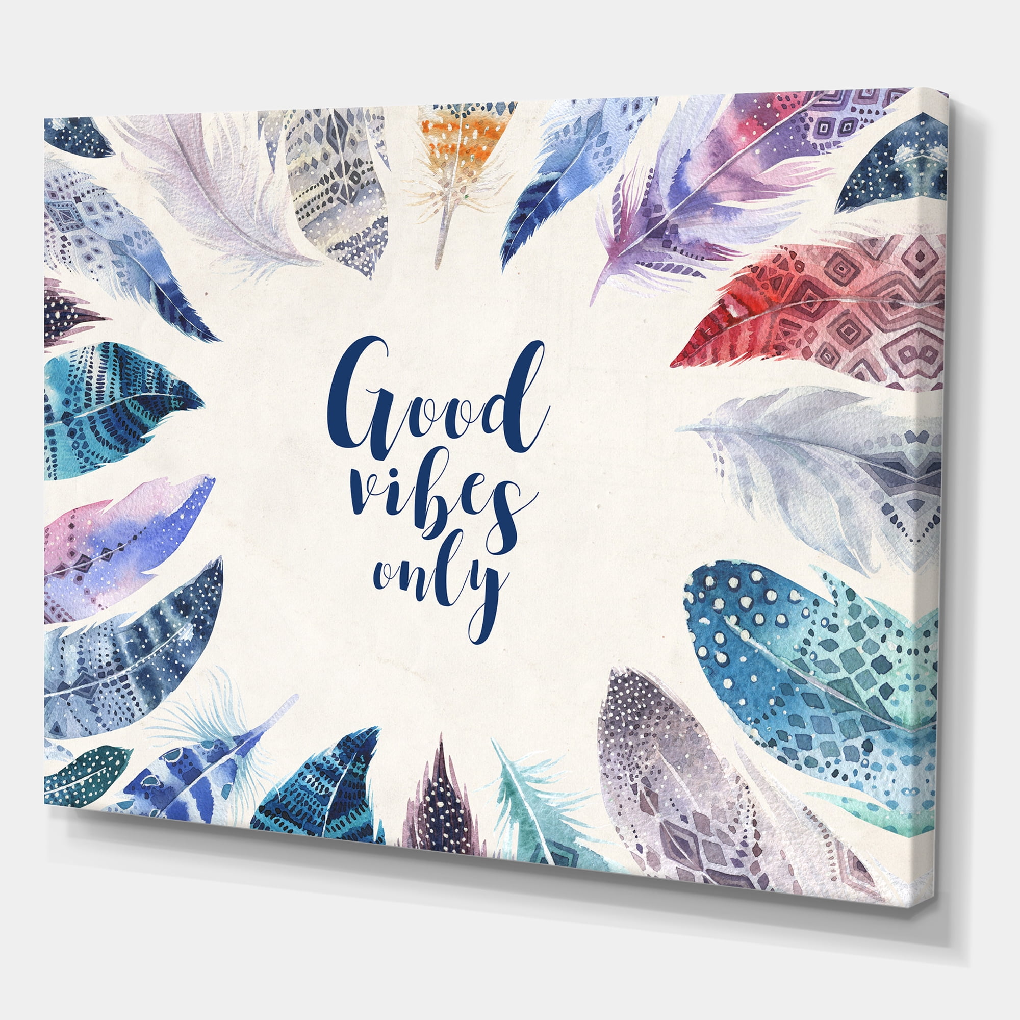 Designart ' Good VIbes Only Under Vibrant Blue Feathers ' Bohemian & Eclectic Canvas Wall Art Print