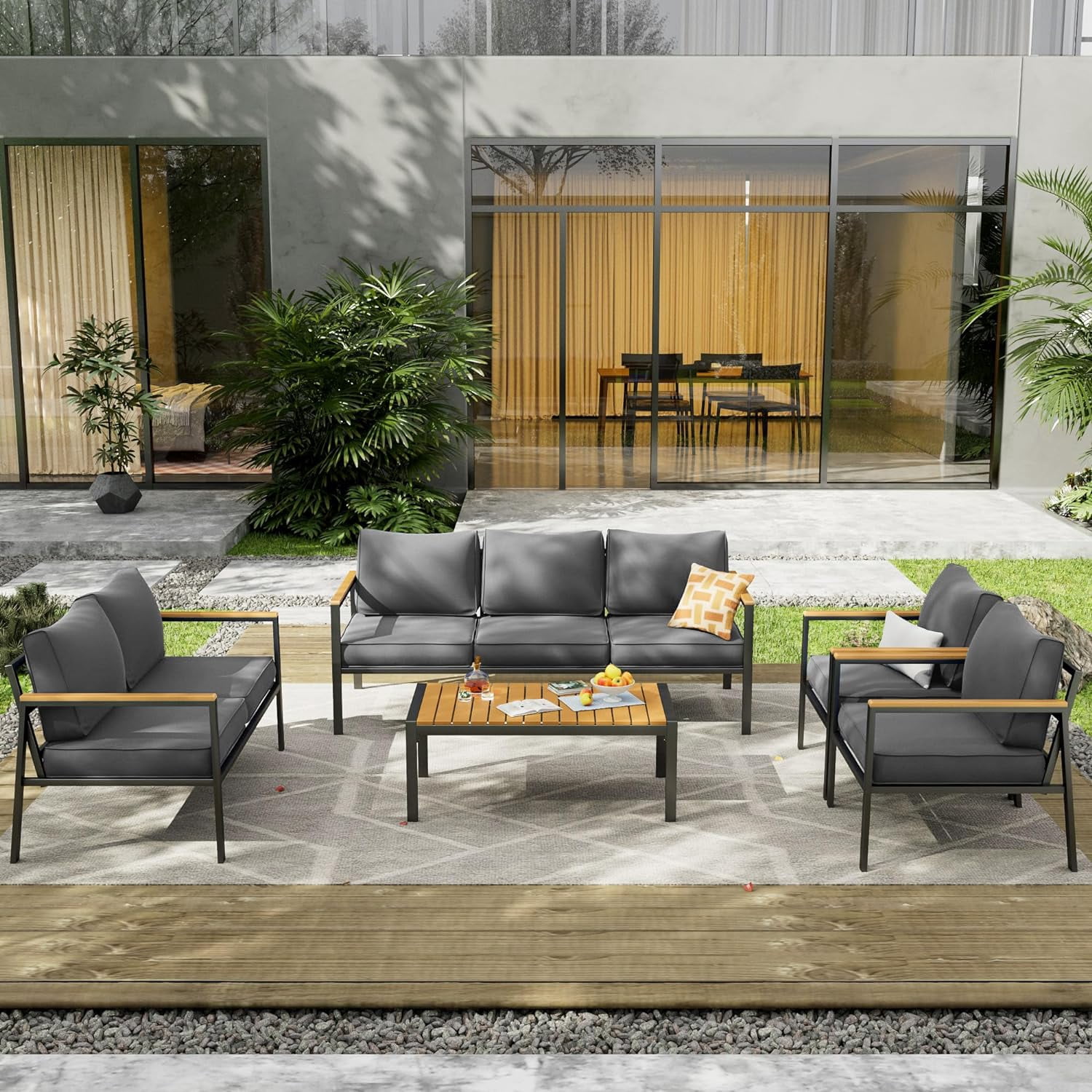 Aluminum Patio Furniture Set,5-Piece Outdoor Mental Patio Conversation Set, Morden Sectional Sofa with Plastic-Wood Armrest & Table, Fits Garden Backyard Balcony (Grey)