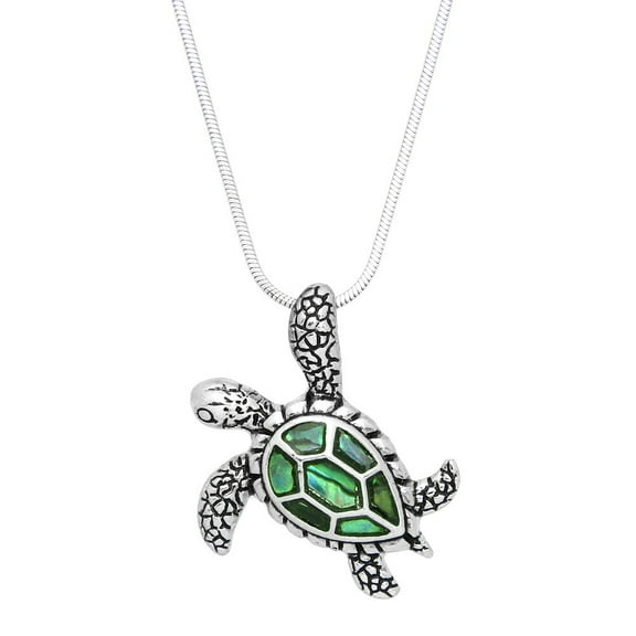 Sea Turtle Pendant Necklace Abalone Shell Rhodium Plated 17 Inch Snake Chain J0803