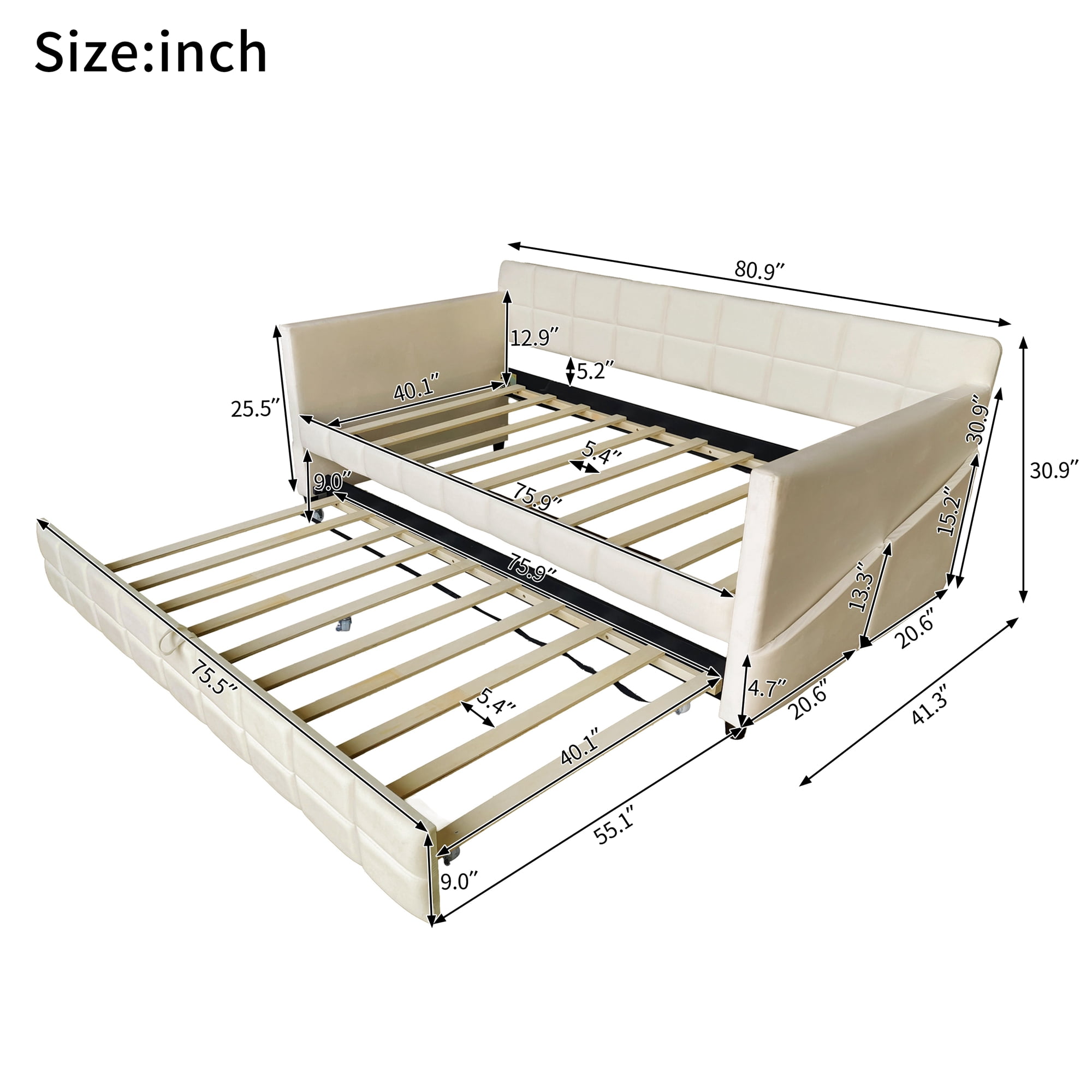 Aukfa Modern Twin Daybed with Trundle, Velvet Upholstered Bed Frame with Storage Pockets, Space-Saving Sofa Bed for Living Room, Bedroom, Beige