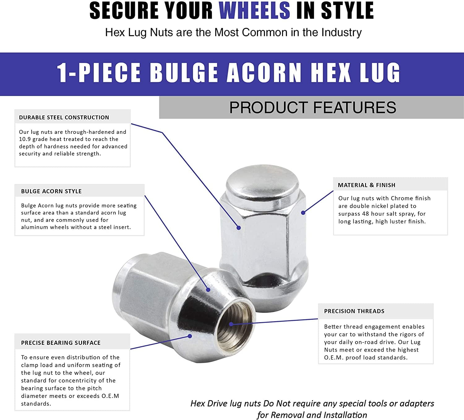 Wheel Accessories Parts Set of 20 Chrome 7/16 Lug Nuts Closed End Bulge Acorn Lug Nut Style 1.38" Long Cone Seat 19mm (3/4") Hex Wheel Lug Nut (7/16 UNF, Chrome)