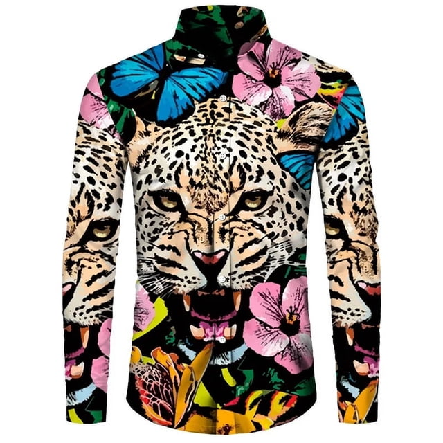 Camisa elegante para hombre con estampado de leopardo en 3D cuello vuelto botones manga larga ropa de calle vintage para hombre y mujer camisetas
