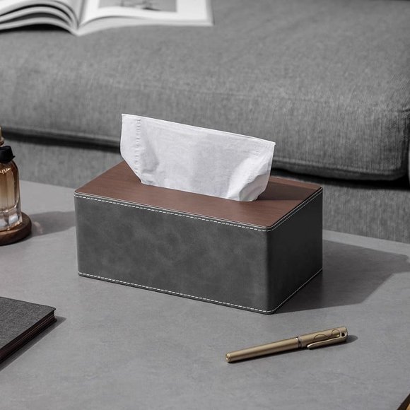 Zhuge Funda para caja de pañuelos, soporte de cuero para pañuelos, servilletas, soporte rectangular para baño, hogar, oficina, 25 x 14 x 10 cm (gris oscuro, L)