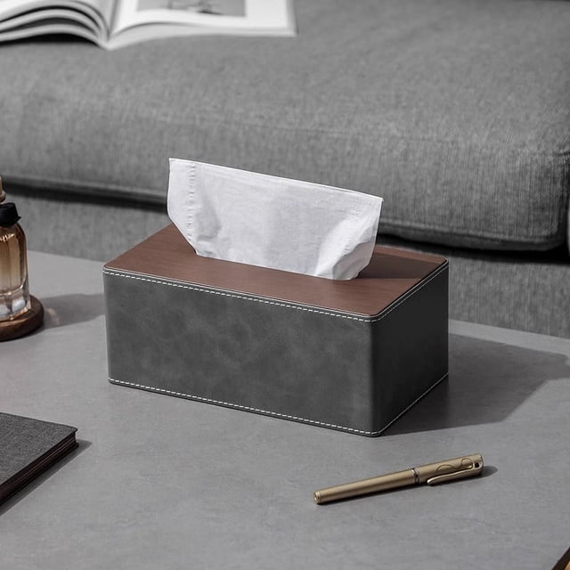 Zhuge Funda para caja de pañuelos, soporte de cuero para pañuelos, servilletas, soporte rectangular para baño, hogar, oficina, 25 x 14 x 10 cm (gris oscuro, L)