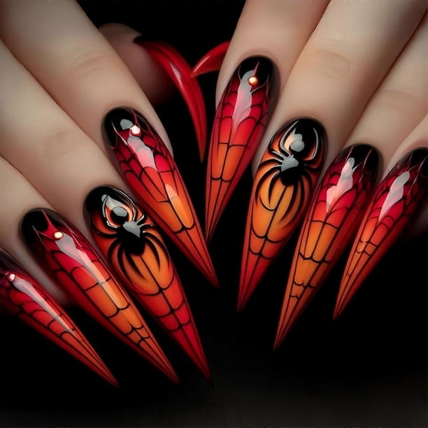 Halloween Spiders Web Design Red Almond Long Fake Nail With Ghostly Art Lightweight ABS Artificial Nail For Women Party