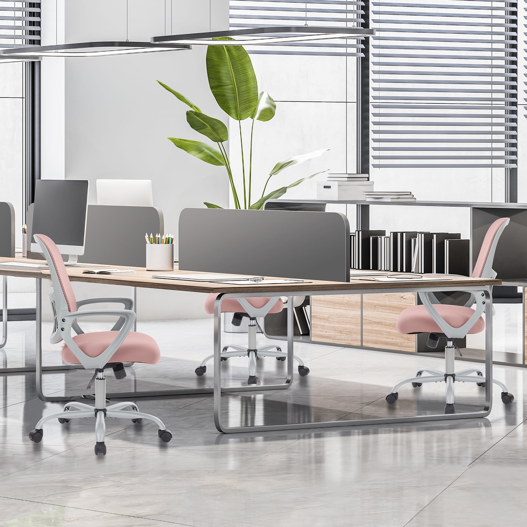JOINSUN Office Mesh Chair, Ergonomic Mid-Back with Wheels, Lumbar Support, Armrests for Home, Pink