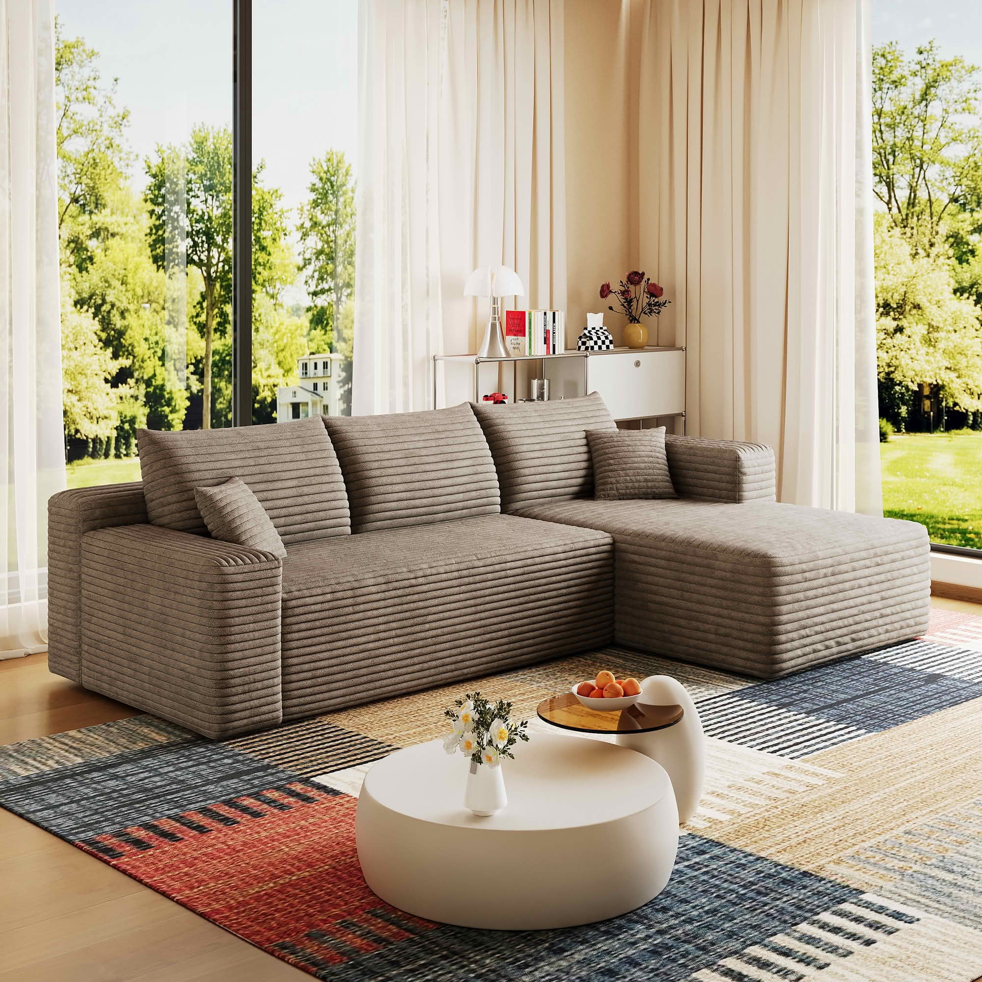 MAYEERTY 95 Inch L‑Shaped Cloud Sectional Sofa, Modern Minimalist Deep‑Seat Corner Couch, Plush Corduroy Upholstered Reversible Sofa, No‑Assembly Required for Living Room Bedroom Apartment