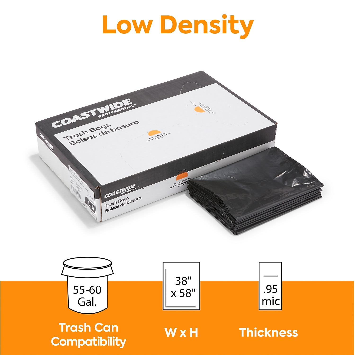 Staples Coastwide Professional 55-60 Gallon Trash Bag 38" x 58" Low Density 0.95 mil Black 100
