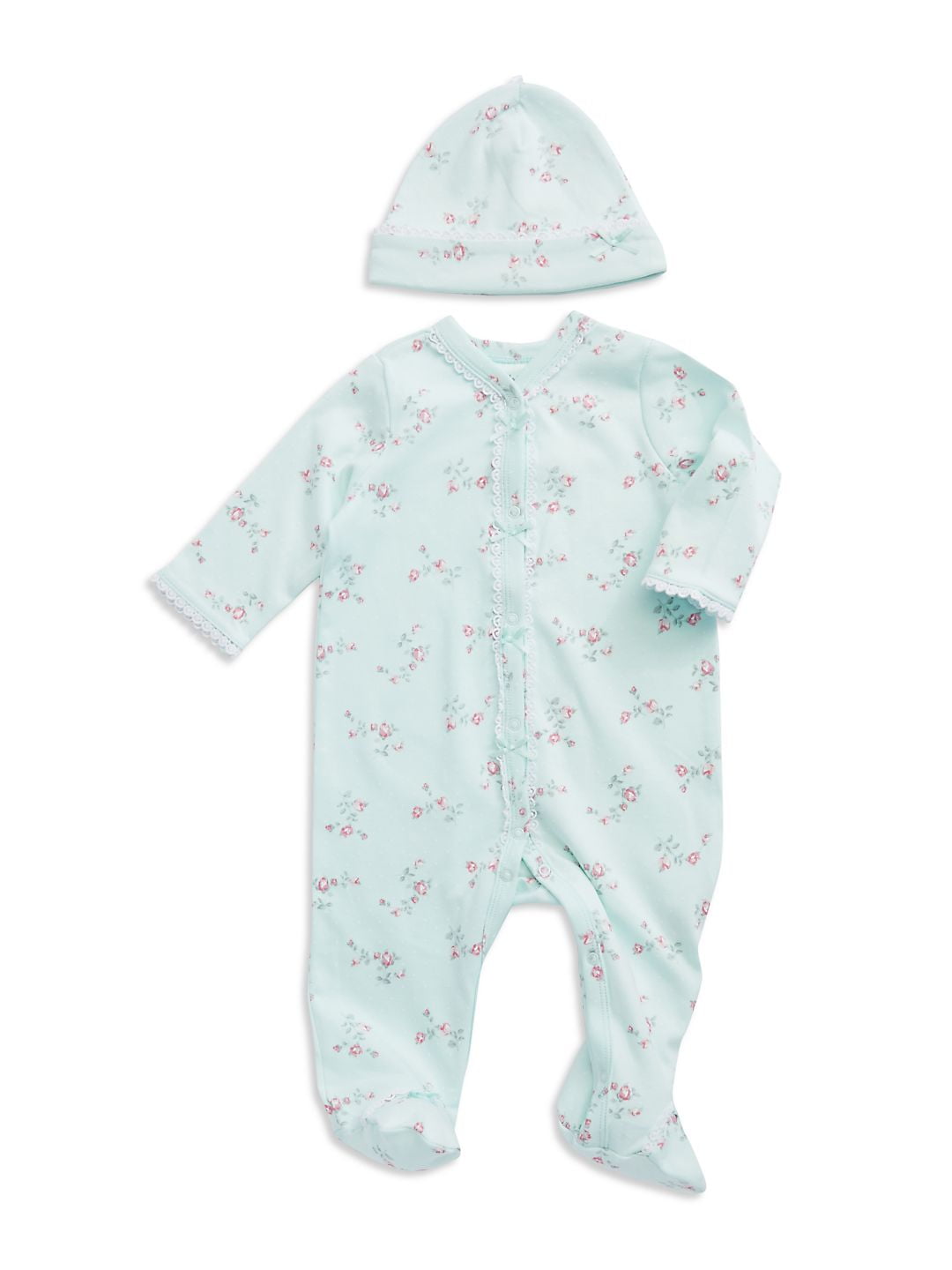 Little Me Size 6M 2-Piece Floral Spray Footie and Hat Set in Aqua