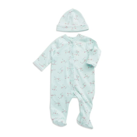 Little Me Size 6M 2-Piece Floral Spray Footie and Hat Set in Aqua