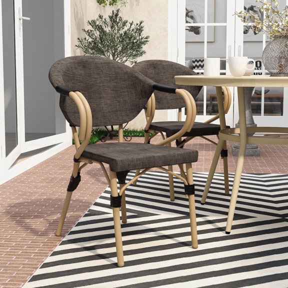 Alanna Aluminum and Fabric Patio Arm Chairs, Set of 2, Brown
