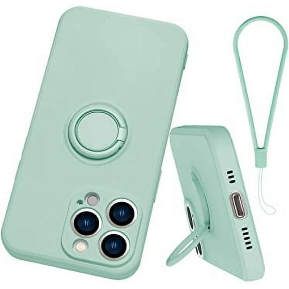 Silicone ring bracket mobile phone case for iPhone 13 pro,360 ° bracket protective cover with hand strap, support magnetic vehicle bracket( Mint Green)