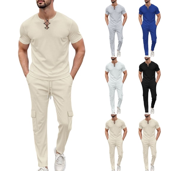 HBGVBA Men Fashion 2 Piece Outfit Solid Color Knit Short Sleeve V-Neck T-Shirt Cargo Long Pants Set