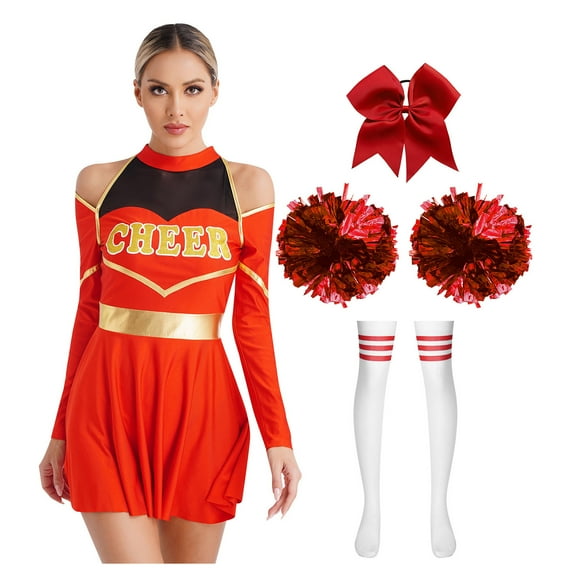 TiaoBug Womens Cheer Leader Costume Cheering Uniform Long Sleeve Dress with Stockings Red A M