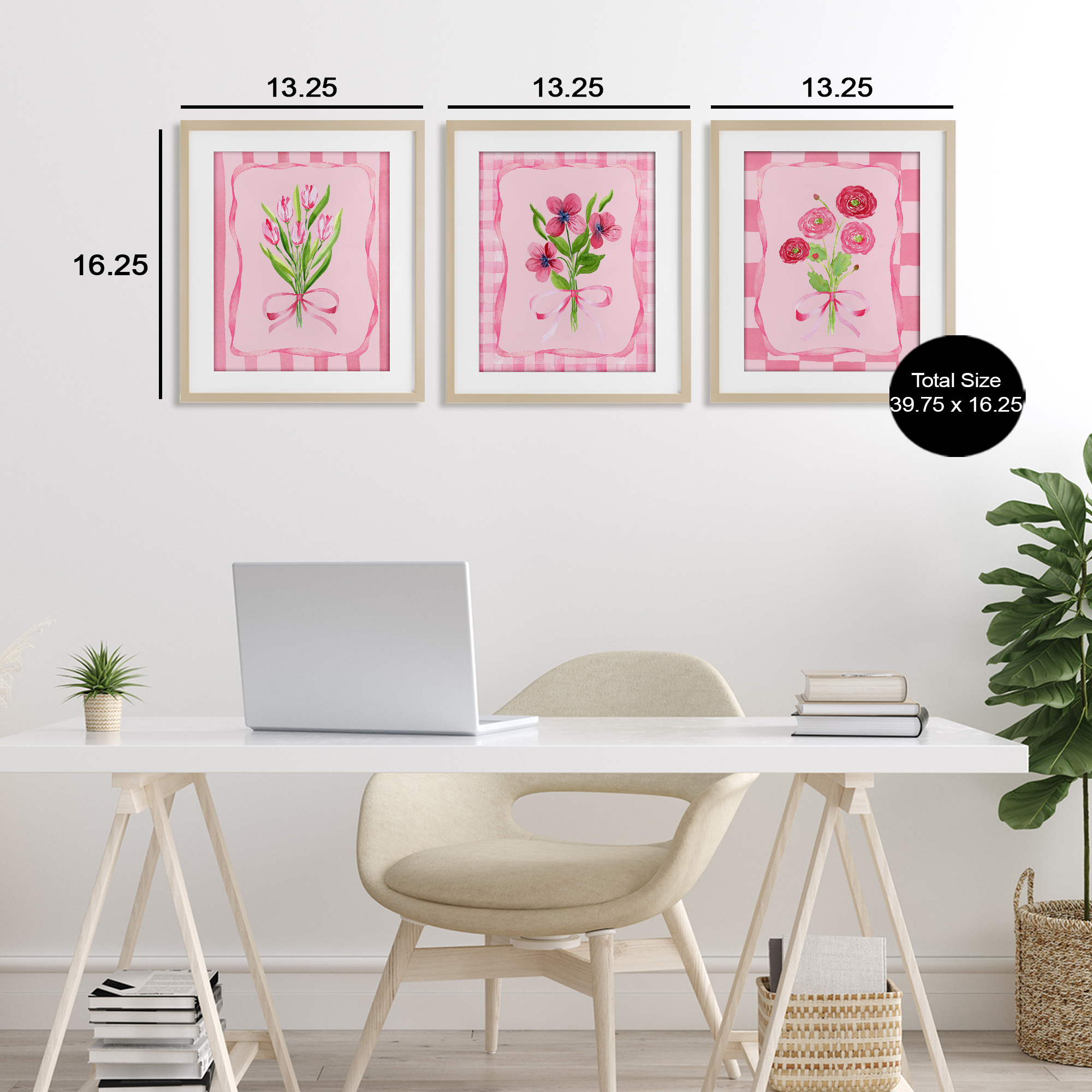 Pretty & Sweet Bordered Flowers 3 Piece Birch Framed Print Under Glass Set, design by Nina Jacobs