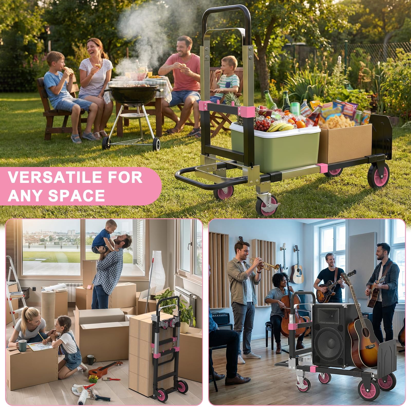 Yacona 3-in-1 Folding Hand Truck, Foldable Dolly Cart with Wheels Heavy Duty, Convertible Hand Cart for Moving with Retractable Handle, Pink