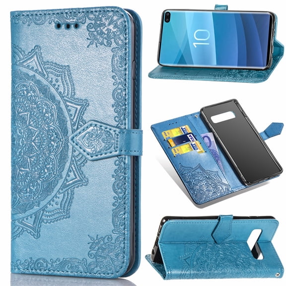 Galaxy S10 Plus Wallet Cases and Covers, Allytech Slim Premium PU Flip Stand Cover Mandala Embossed Full Body Protection with Card Holder Magnetic Closure for Samsung Galaxy S10 Plus, Blue