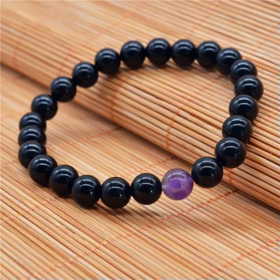 HOOUN Distance Bracelet Quartz Amethyst Gemstone Lava Stone Bead Couple Elastic Bangle-Black Onyx-Amethyst