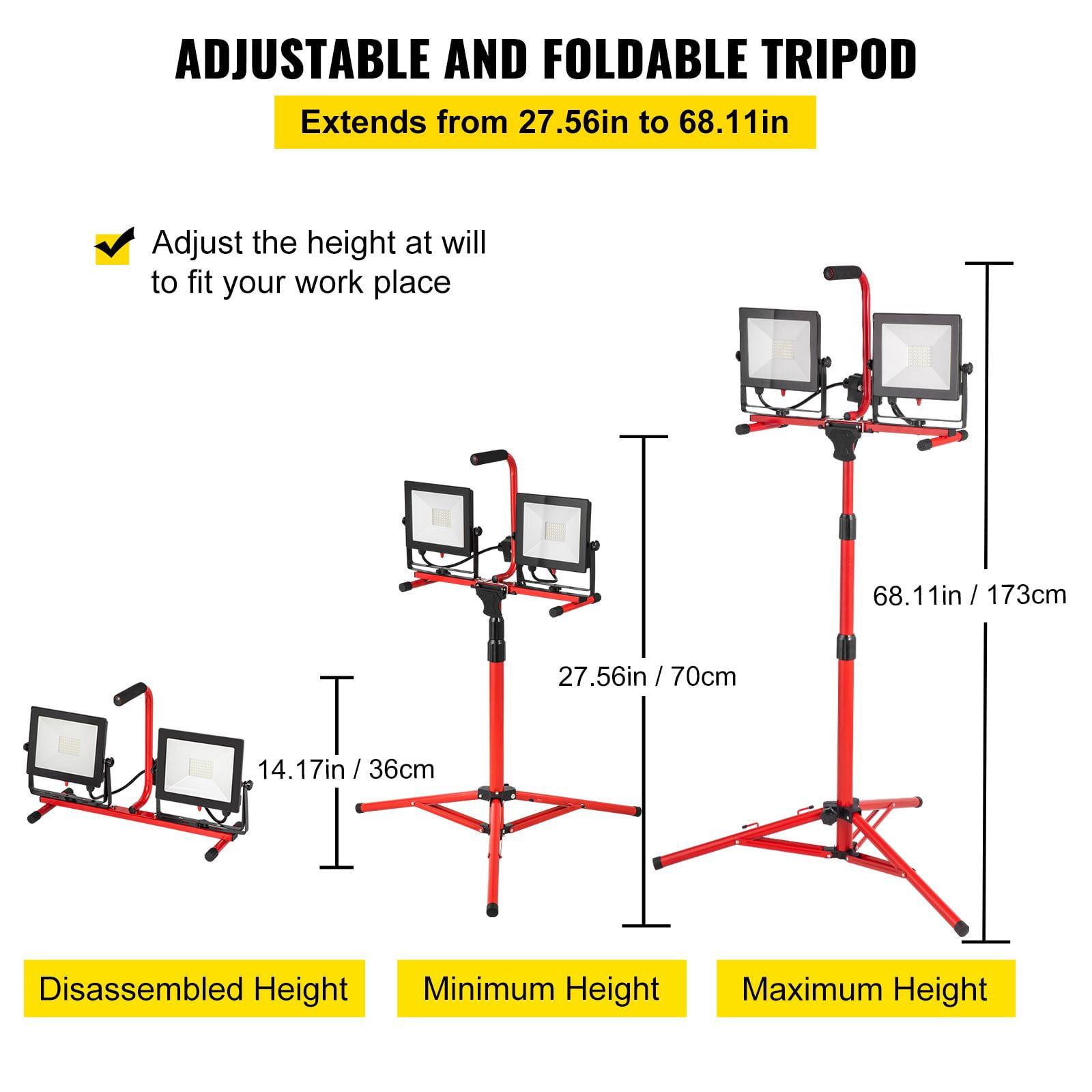 Dual-Head LED Work Light 10000 Lumen, IP65 Waterproof, Adjustable Tripod 27.6-68.1", for Construction Site Garage