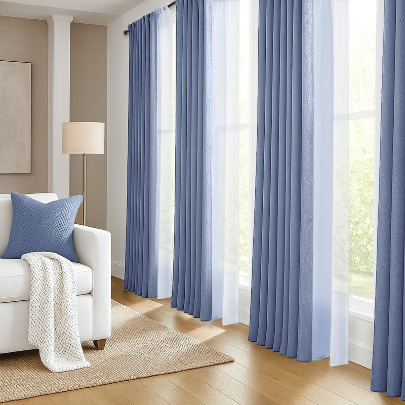 Topfinel Blue Faux Linen Ombre Sheer Curtains,Semi Voile Gradient Rod Pocket Curtains for Bedroom and Living Room, Set of 2 Window Curtain Panels, 54 x 96 Inch Long