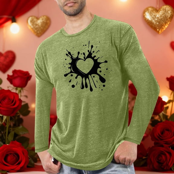 BRGZLK Valentines Day Shirts for Men Casual Cozy Heart Print Sports Fitness Long Sleeve Round Neck Base Layer Undershirts Green M