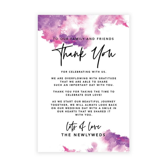 Koyal Wholesale Ombre Pink Purple Watercolor Wedding Thank You Place Setting Cards for Table Reception, Family, 56-Pack
