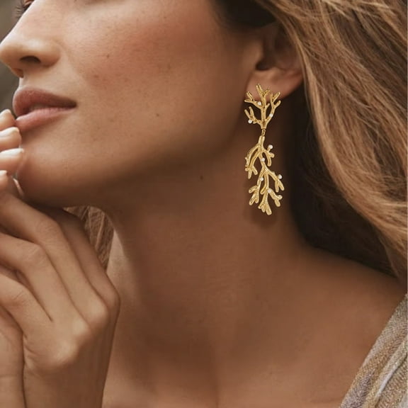 Bohemian Twig Pearl Dangle Earrings for Women, Stainless Steel Gold Tone with Branch Design, Retro Fashion Statement Jewelry for Parties