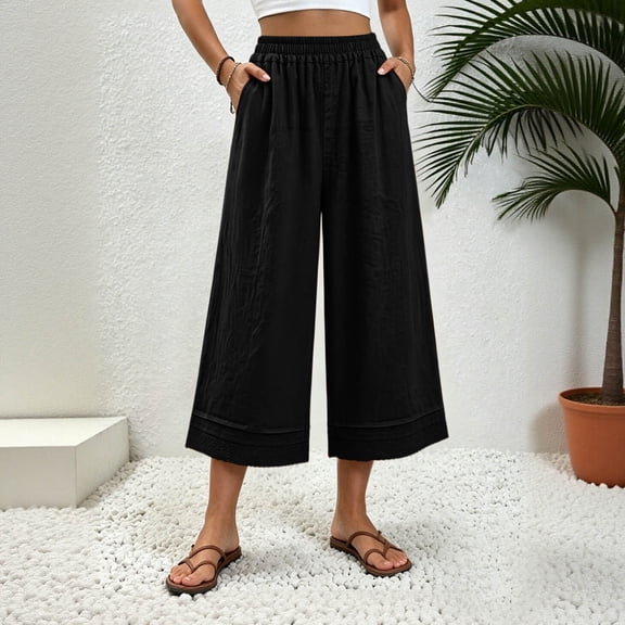 Aimik Women's Elastic Waist Cropped Cotton Pants Loose Casual Culottes Breathable Comfortable Summer Bottoms